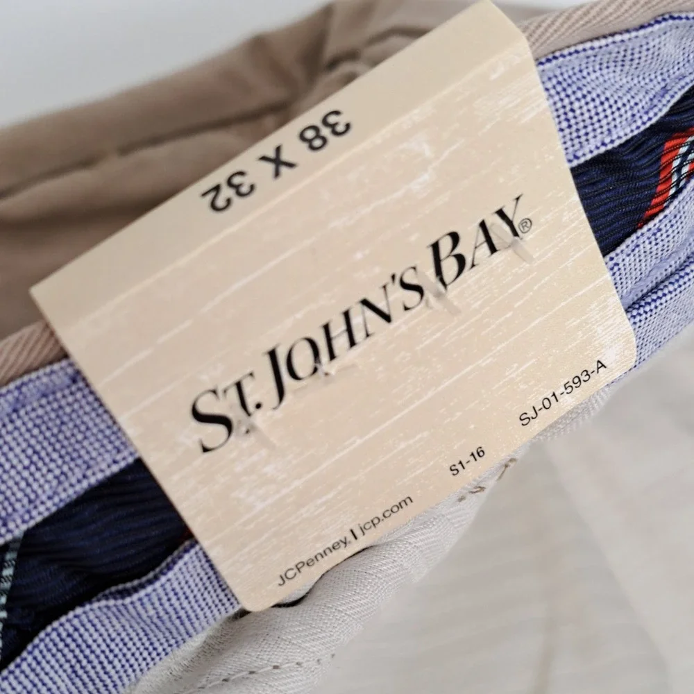 St. John's Bay Authentic Chino Pants Mens 38x32 Cotton Tan Solid Straight Fit